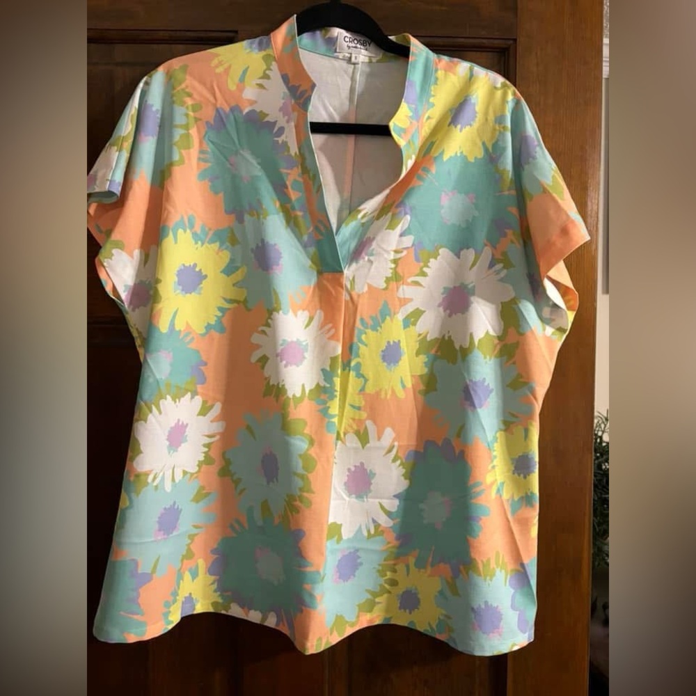 CAbi Floral Blouse in Orange, Green, Blue, and White